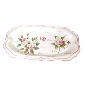 Seymour Mann Hand Painted Love Floral Rose Pink Edge Serving Tray Appx 17.5 x 8.